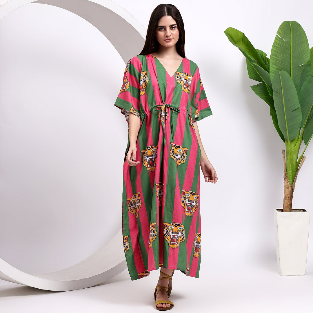Tiger Print Cotton Kaftan – caftan breathable lounge Dress for Women