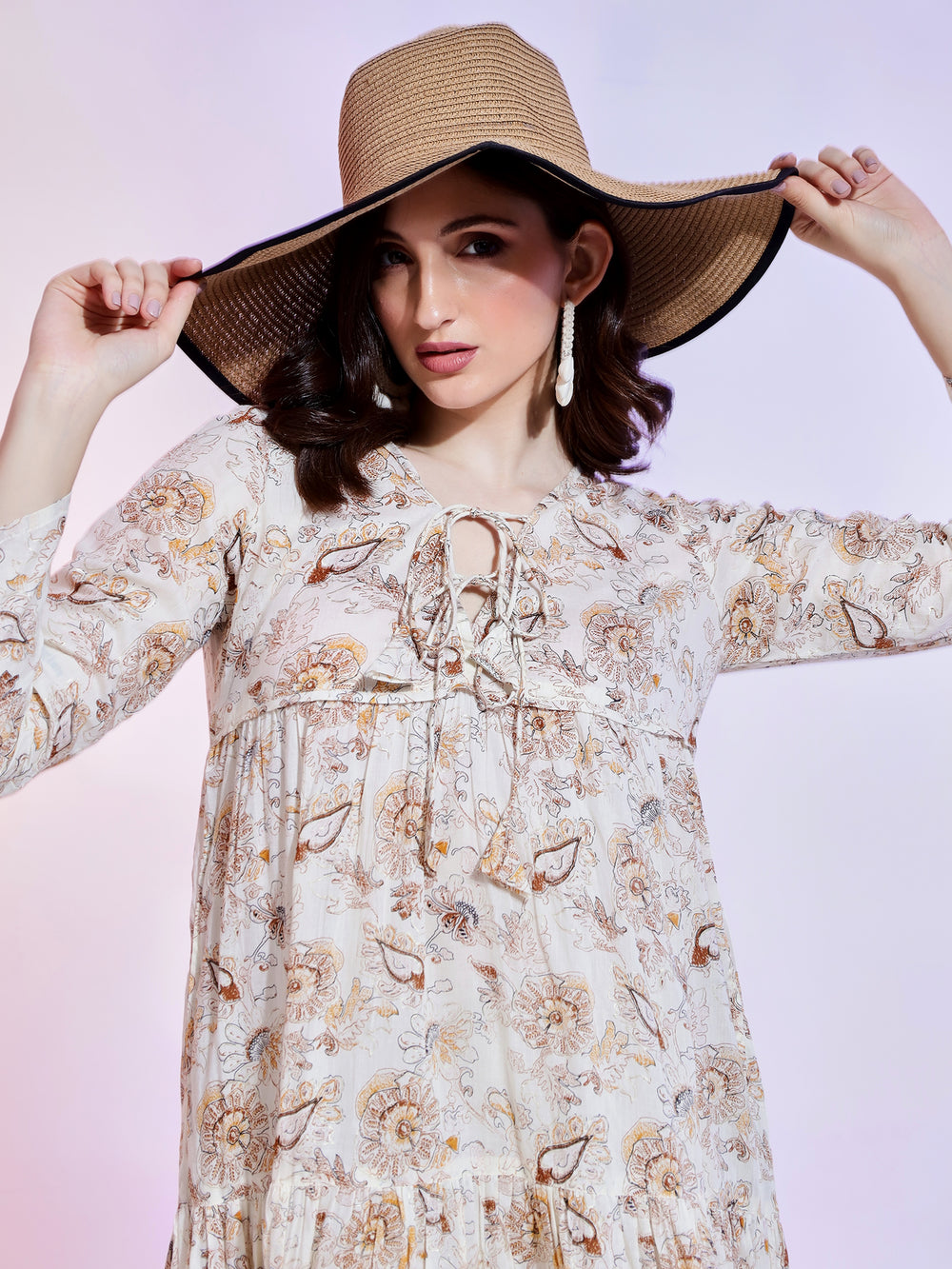 String Tie at neck Dress with long Sleeves