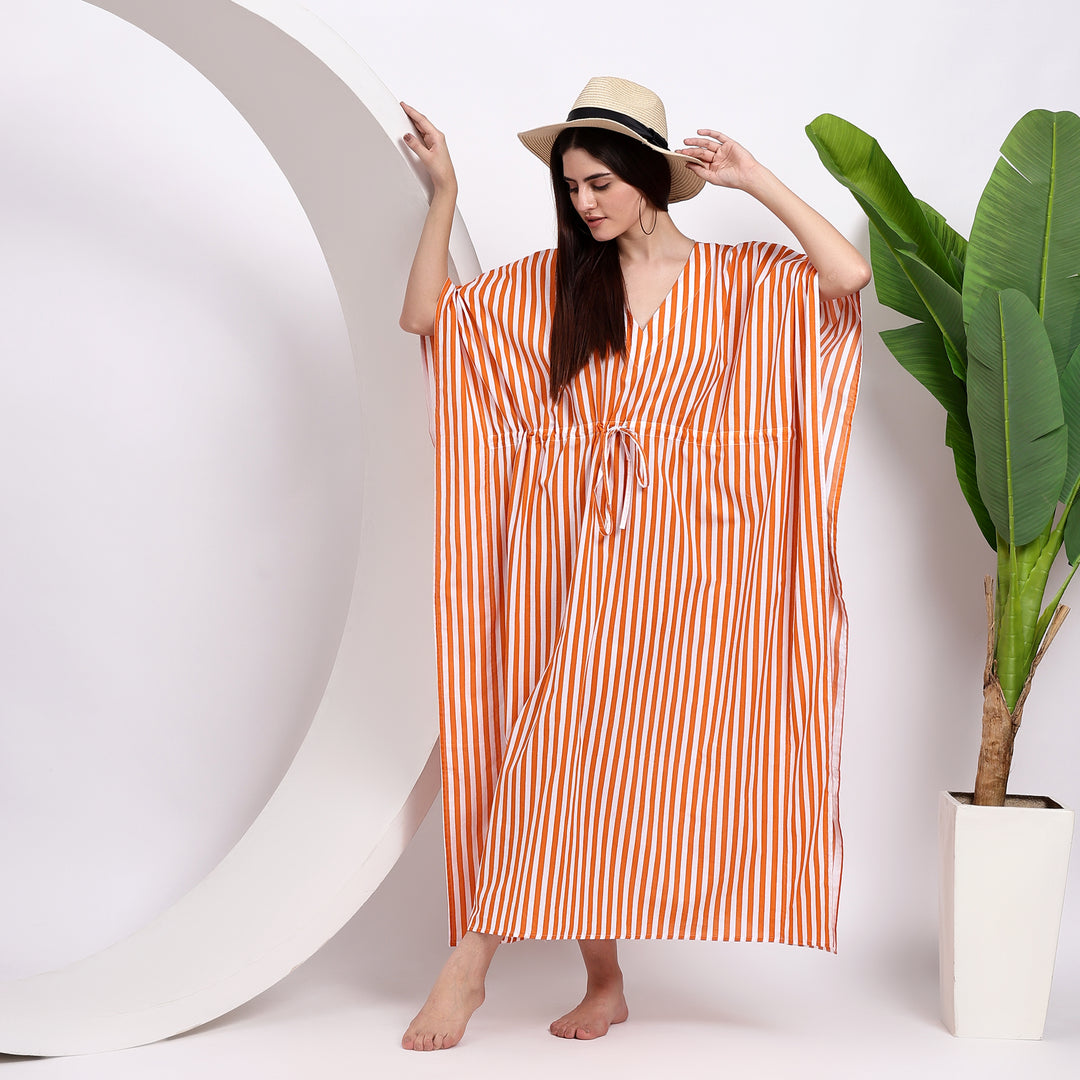 Striped Block Print Kaftan – Indian Cotton Dress for womens
