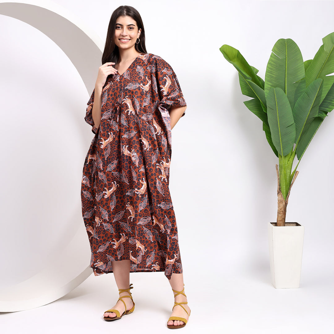 Tiger Print Cotton Kaftan – Indian Animal Print cotton caftan Dress