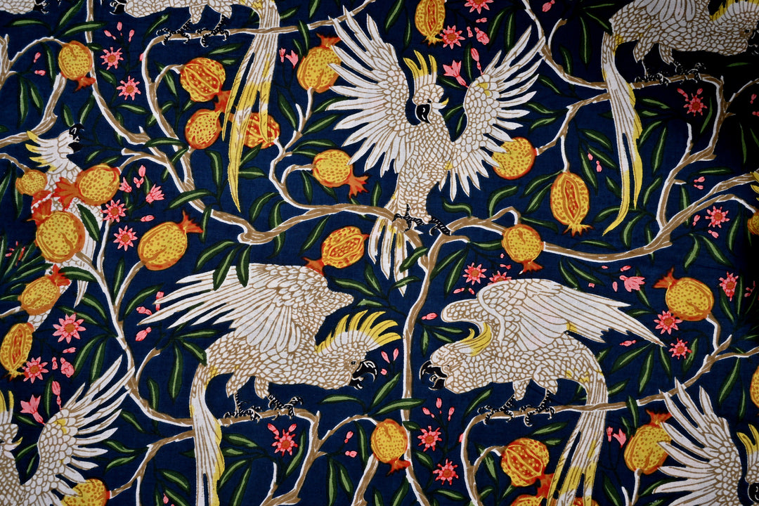 yellow printed fruits on indigo pattern
