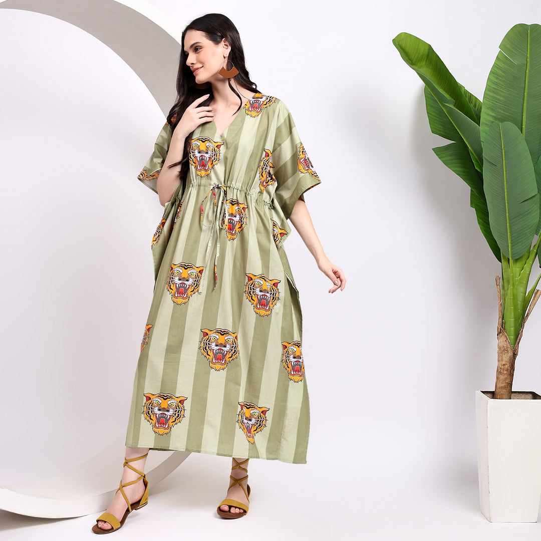 Tiger Print Cotton Kaftan – Boho Caftan Dress for Women