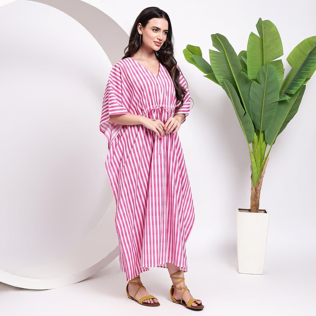 Pink Stripe Cotton Caftan – Indian Block Print Dress
