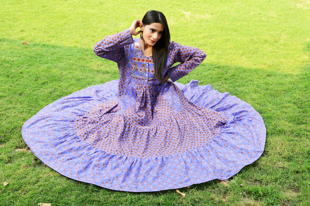 Indian handblock purple cotton long sleeves maxi dress