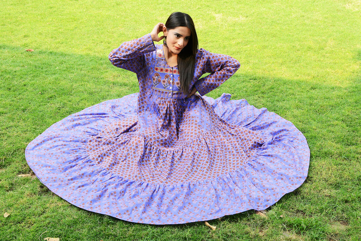 Indian handblock purple cotton long sleeves maxi dress