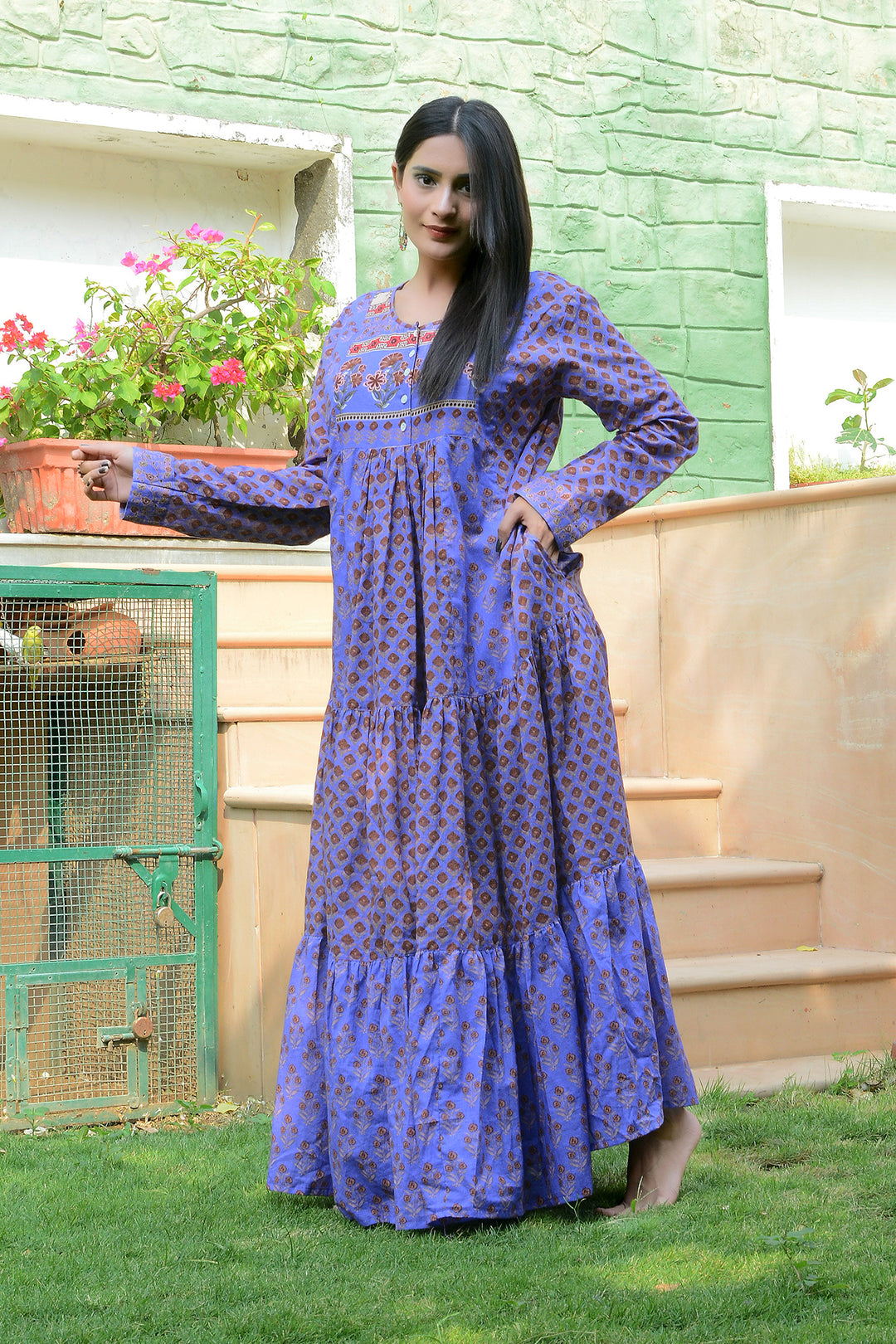 Indian handblock purple cotton long sleeves maxi dress