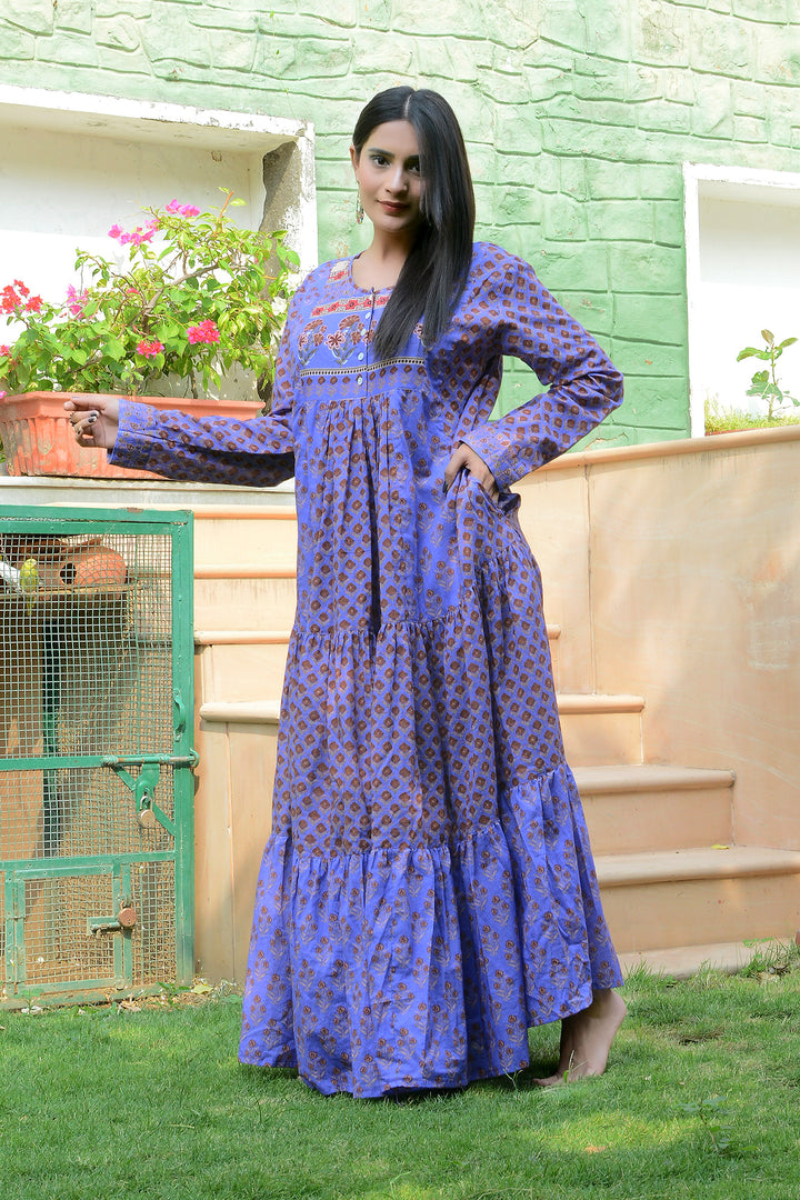 Indian handblock purple cotton long sleeves maxi dress