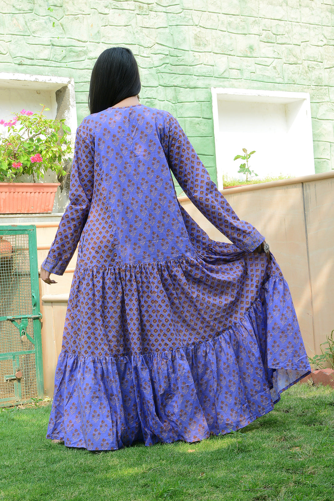 Indian handblock purple cotton long sleeves maxi dress