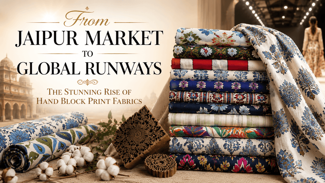 Colorful handblock print fabrics stacked with block printing tools, showcasing Jaipur styles trending in global fashion.