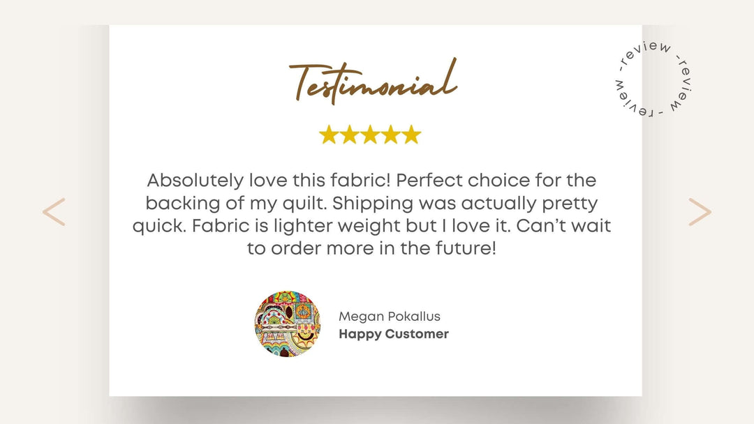 Real Reviews from a happy customer praising fabric choice and quick shipping for quilting.