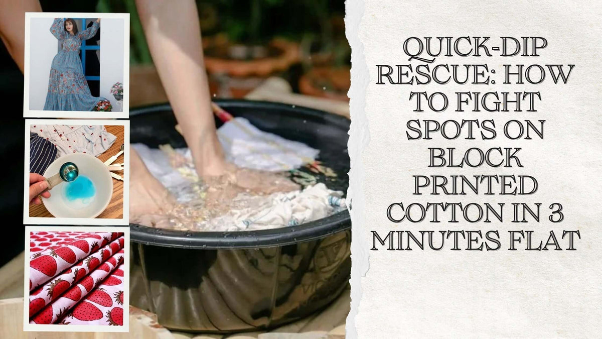 Person spot cleaning block printed cotton in a bowl of water with various cleaning supplies nearby.
