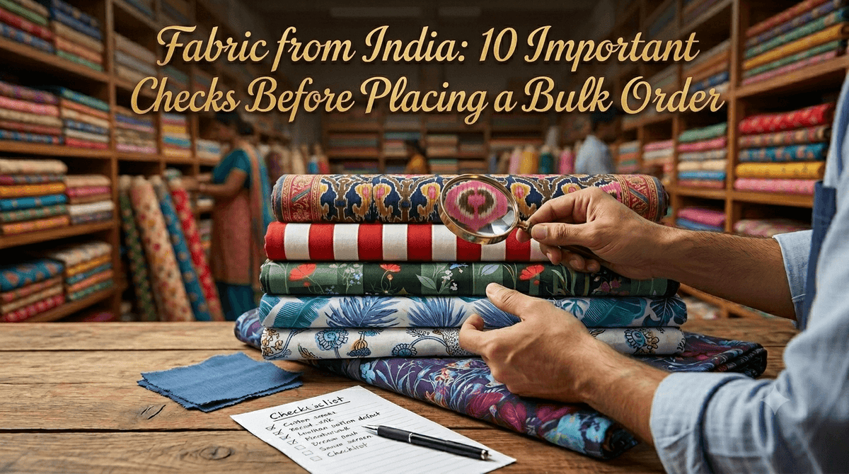 Fabric from India inspection checklist pen and fabric swatch on table in textile warehouse