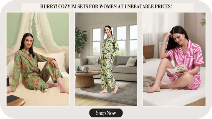 Women in colorful matching shirts and pajamas showcasing cozy PJ Sets for Women at unbeatable prices.