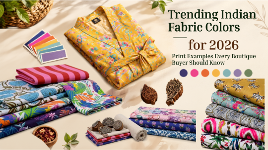 Trending Indian fabric colors for 2026 featuring hand block print cotton fabrics in sage green, terracotta, indigo blue, mustard, and earthy tones for boutique buyers