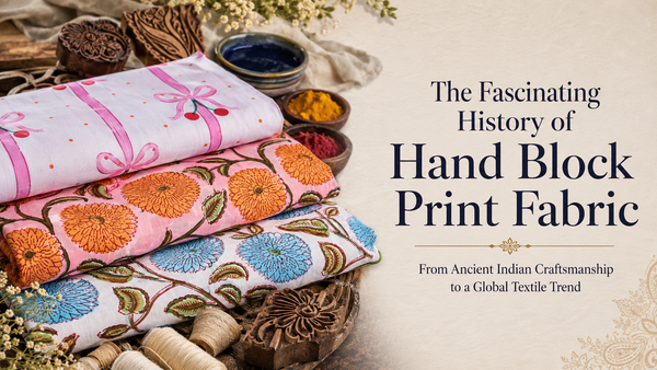 Artisan printing hand block print fabric using carved wooden blocks in Rajasthan, India