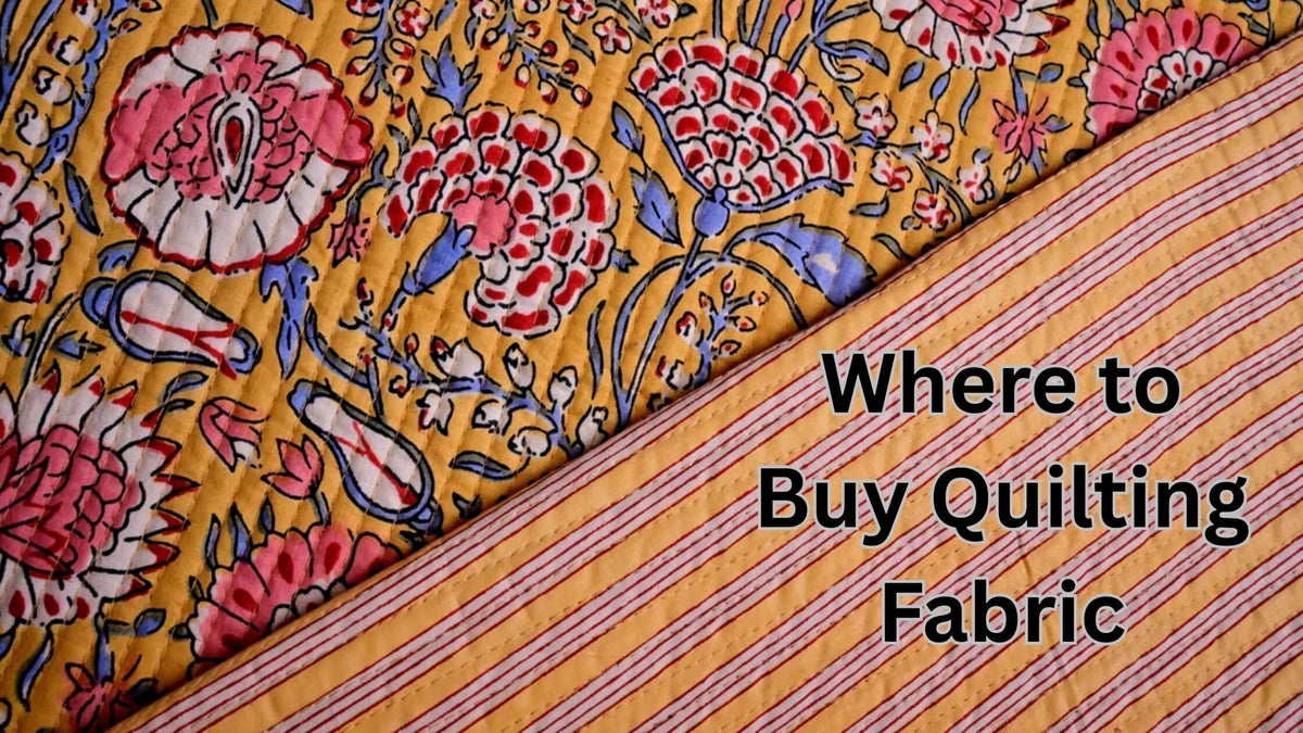 Colorful quilting fabric design with text overlay: Where to Buy Quilting Fabric for your next sewing project.