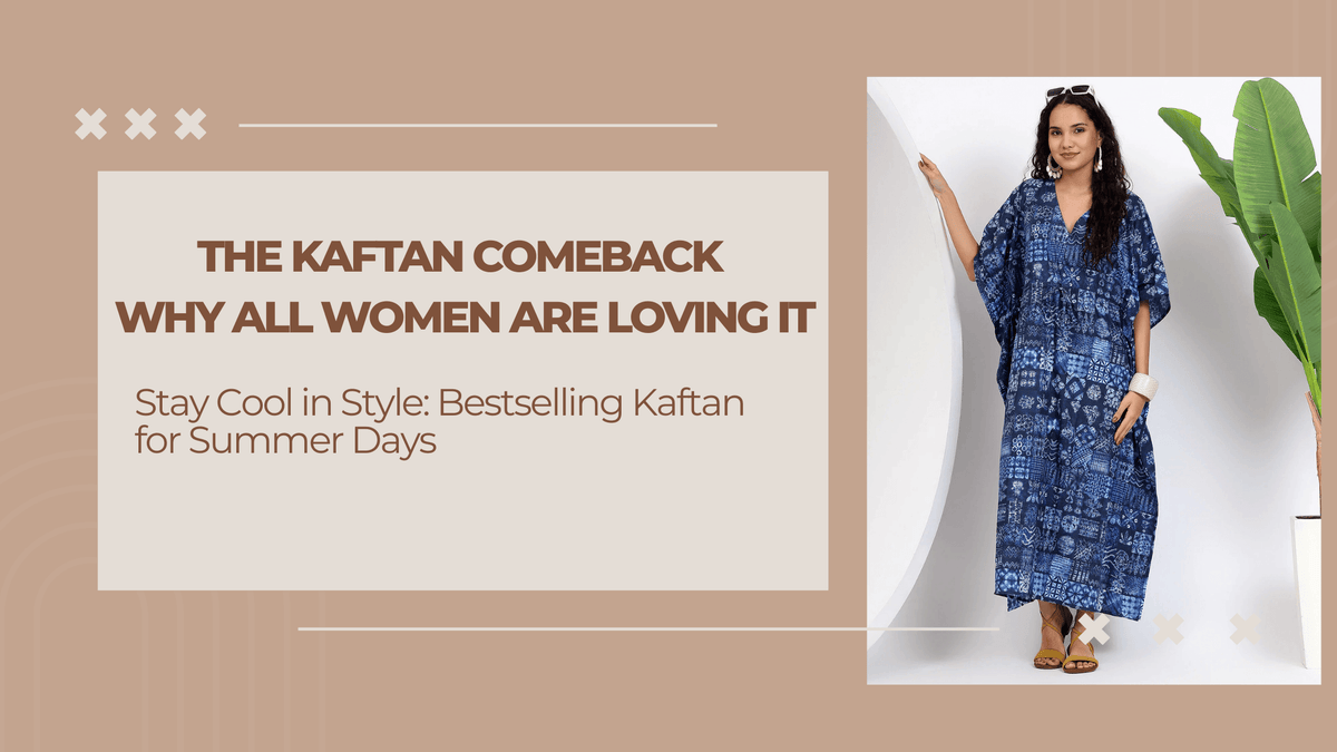 A woman wearing a stylish kaftan, showcasing the kaftan comeback trend for summer days.