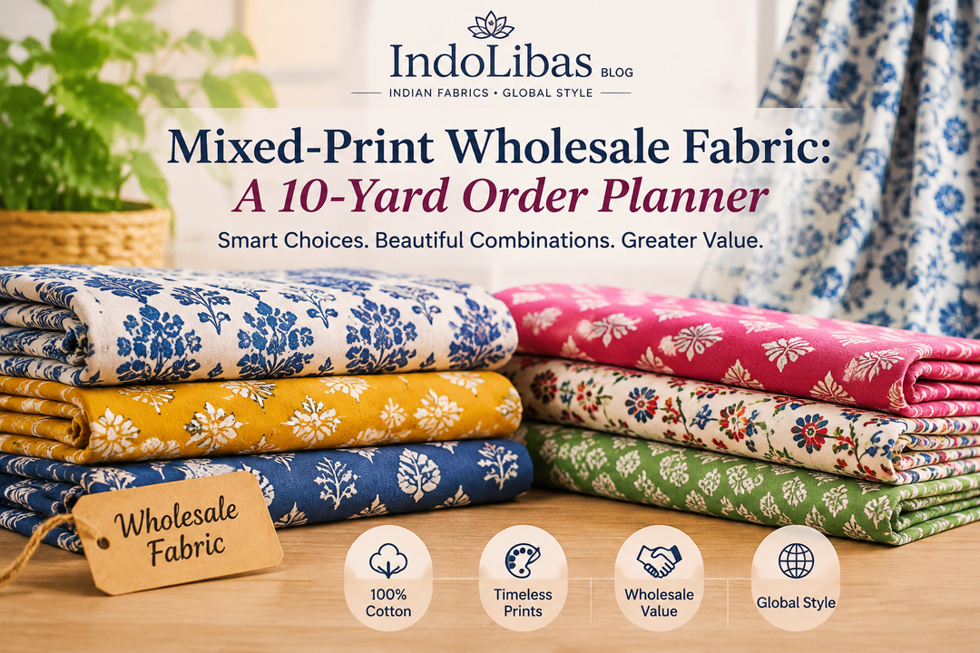 Mixed-print Indian cotton fabrics in floral and block-print patterns for IndoLibas wholesale 10-yard fabric ordering guide