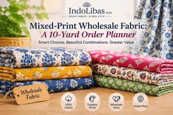Mixed-print Indian cotton fabrics in floral and block-print patterns for IndoLibas wholesale 10-yard fabric ordering guide