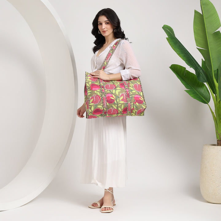 Large fruit print cotton tote bag for women