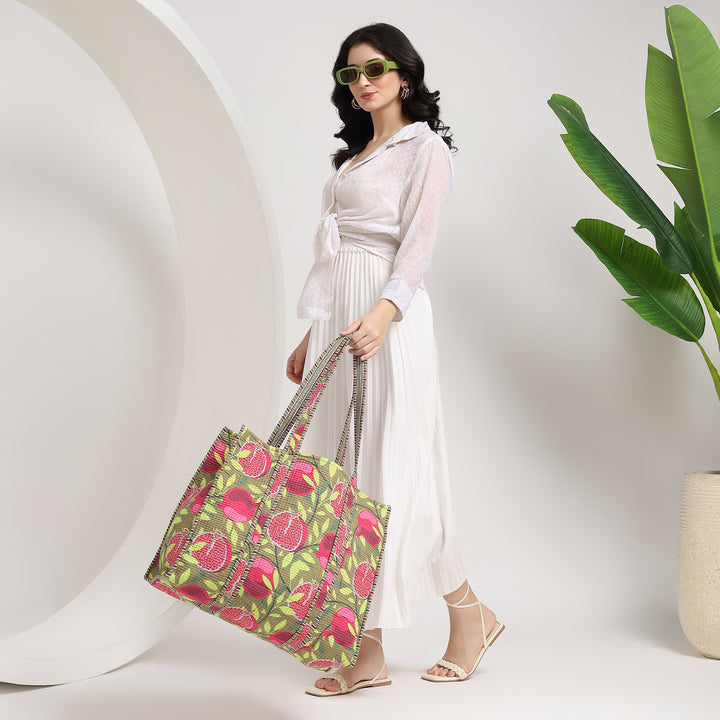 Handmade fruit print quilted cotton tote bag