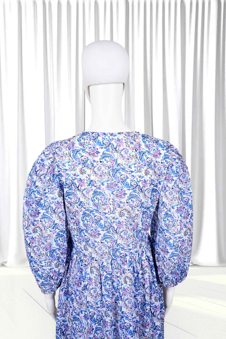 pink blue floral prints long dress