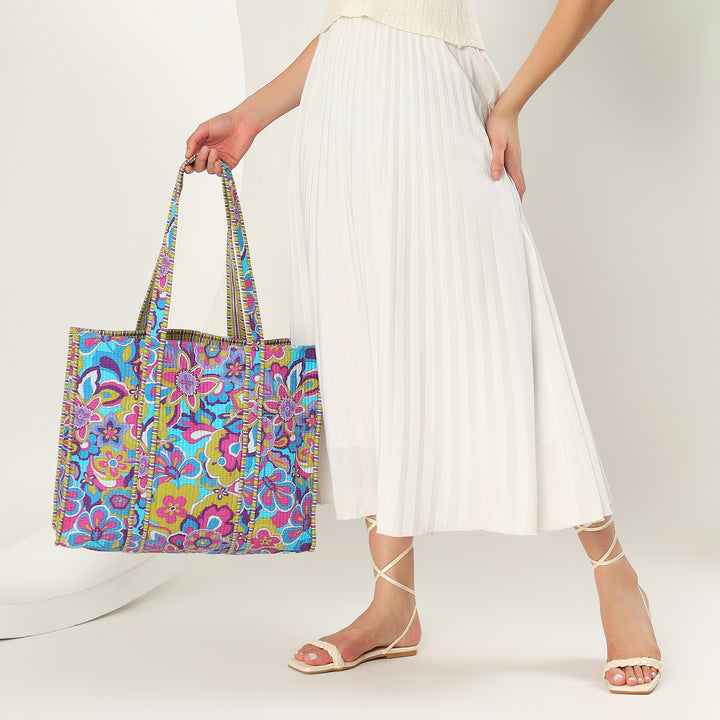 18 x 18 inch floral cotton tote bag for women - Quilted Indian cotton tote bag with internal pocket