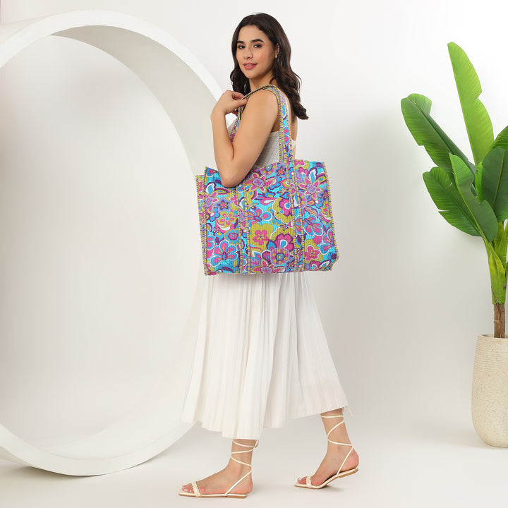 Floral cotton tote bag for shopping and everyday use
