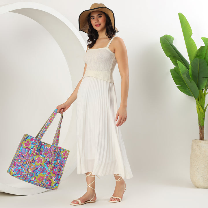 Large floral Indian tote bag for beach and travel