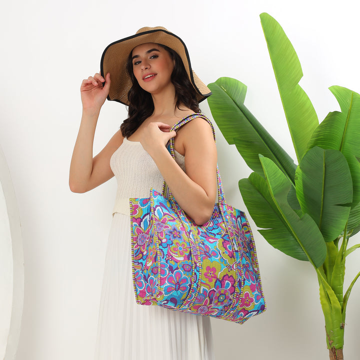 Large women's cotton tote bag with floral Indian print