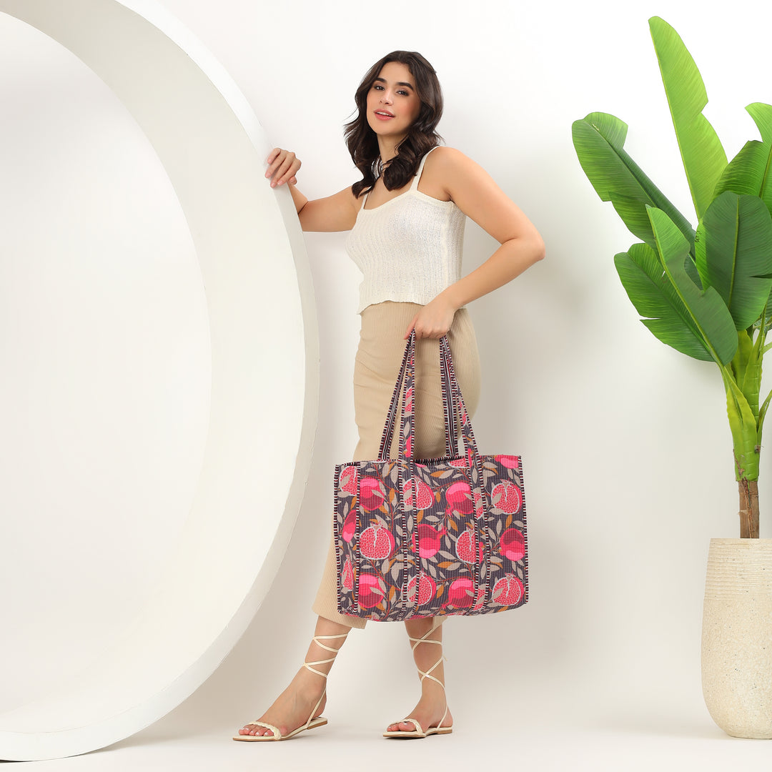 Handmade quilted tote bag with pomegranate print