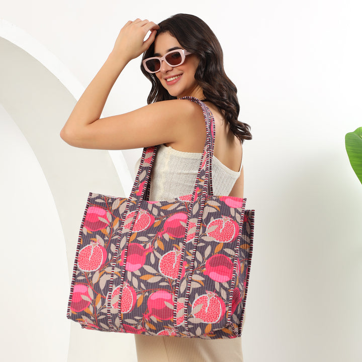 Pomegranate fruit print tote bag handmade quilted cotton 18x18 inch