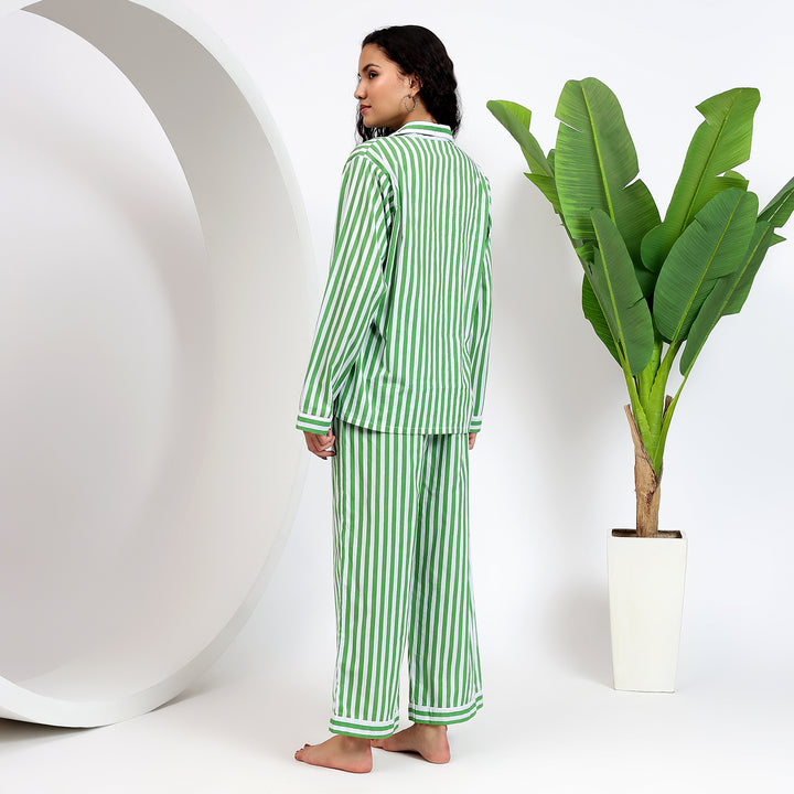 Green Cotton Stripes Pj Set ~ Woman's Long Sleeve Dress