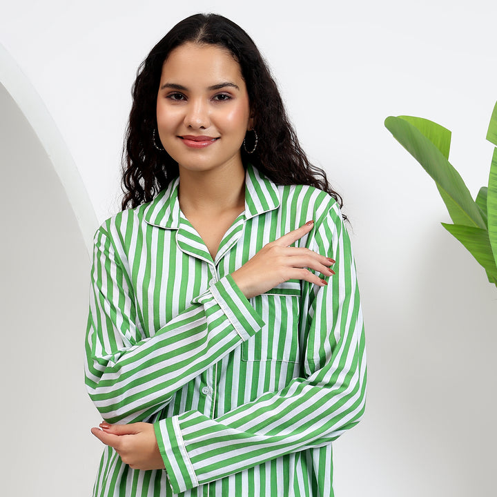 Green Cotton Stripes Pj Set ~ Woman's Long Sleeve Dress