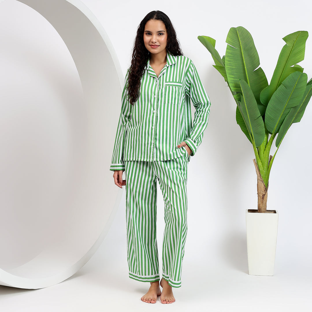 Green Cotton Stripes Pj Set ~ Woman's Long Sleeve Dress