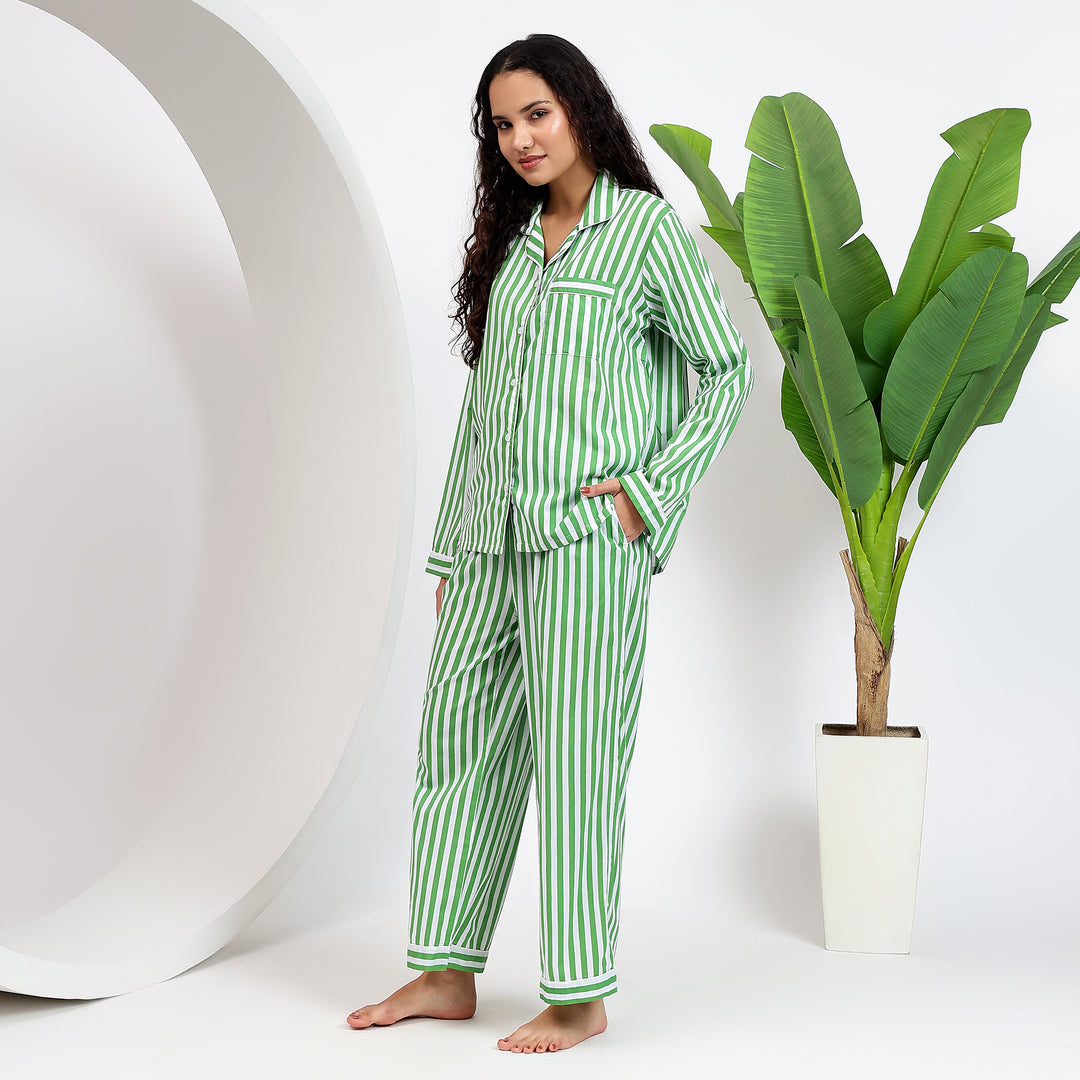 Green Cotton Stripes Pj Set ~ Woman's Long Sleeve Dress