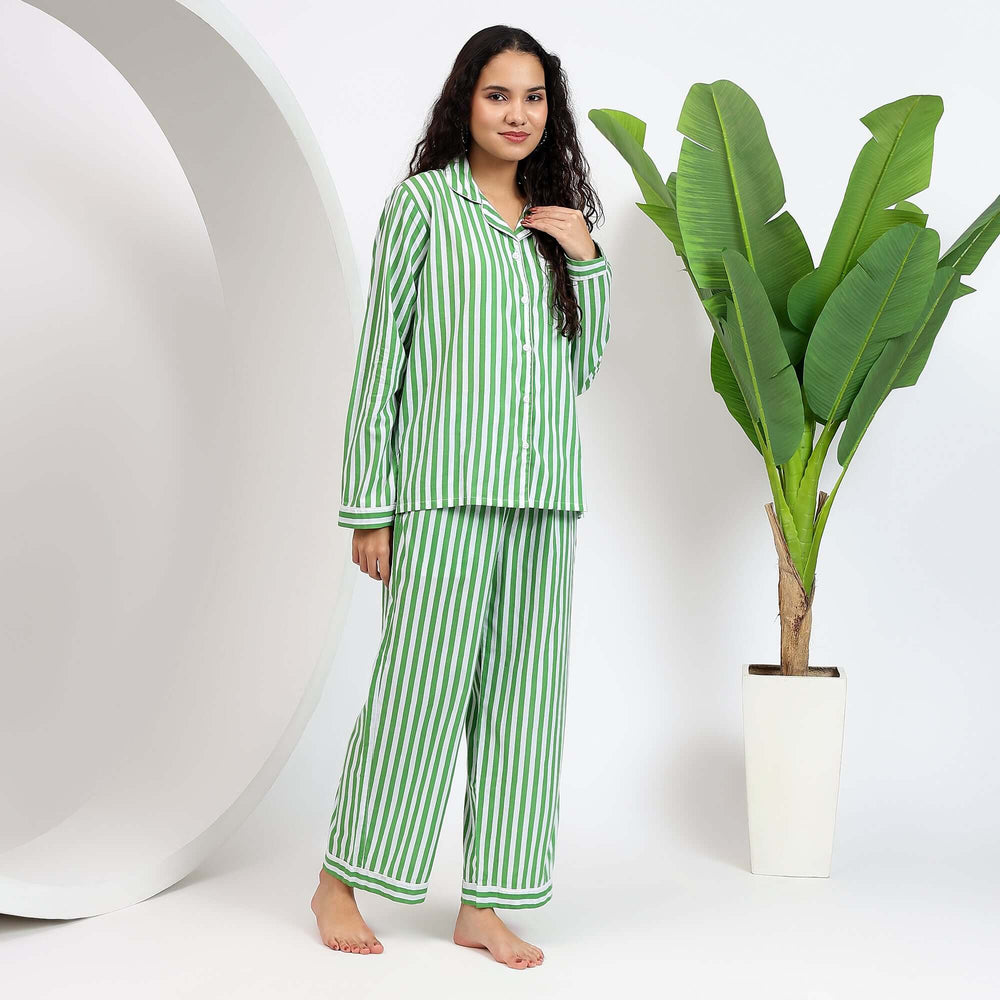 Block print long pajamas for women – striped cotton PJ set