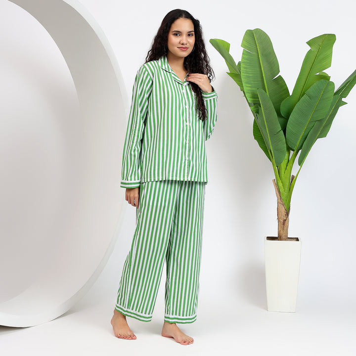 Green Cotton Stripes Pj Set ~ Woman's Long Sleeve Dress