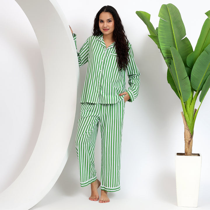 Green Cotton Stripes Pj Set ~ Woman's Long Sleeve Dress