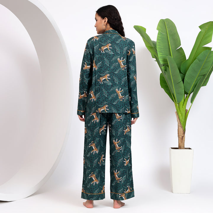 Teal Shade - Tiger Printed Cotton Shirt and Pajama Set