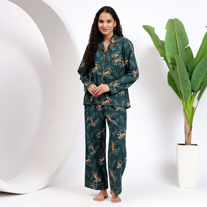 Teal Shade - Tiger Printed Cotton Shirt and Pajama Set