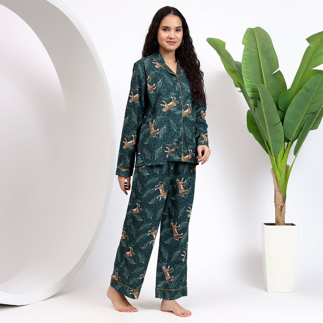 Teal Shade - Tiger Printed Cotton Shirt and Pajama Set