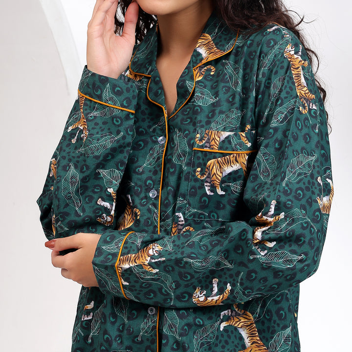 Teal Shade - Tiger Printed Cotton Shirt and Pajama Set