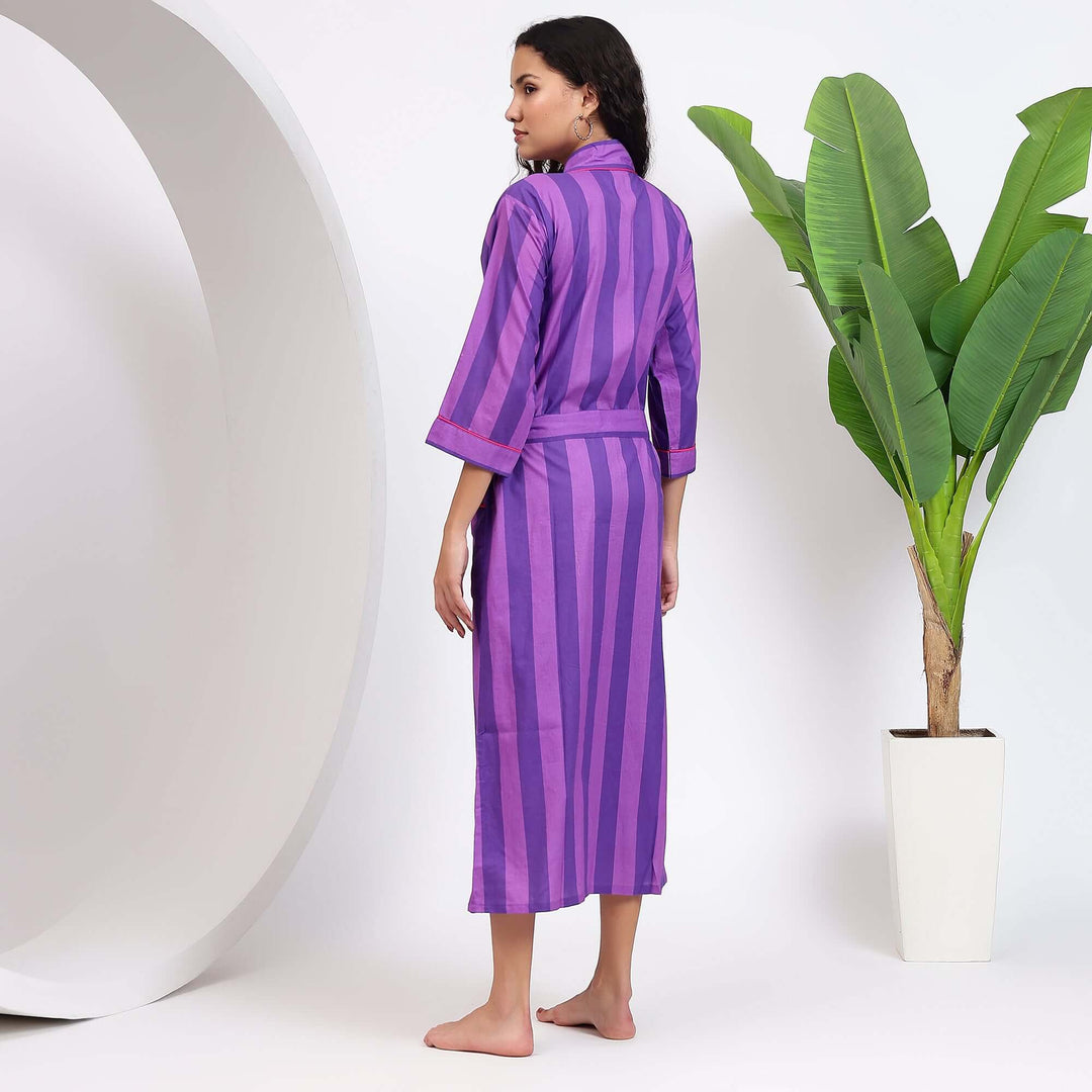 Cotton Kimono Robe & Dressing Gown – Striped Print Bathrobe M / Tropical Green