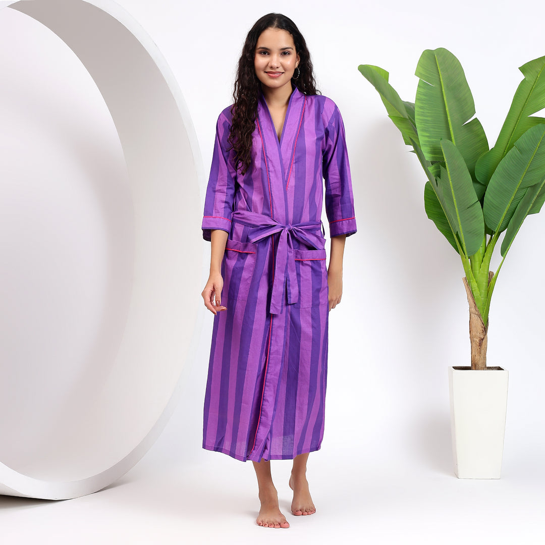 Stripe Print Dressing Gown for Women Cotton Kimono Robe Indo Libas Stripe Print Dressing Gown for Women Cotton Kimono Robe Indo Libas