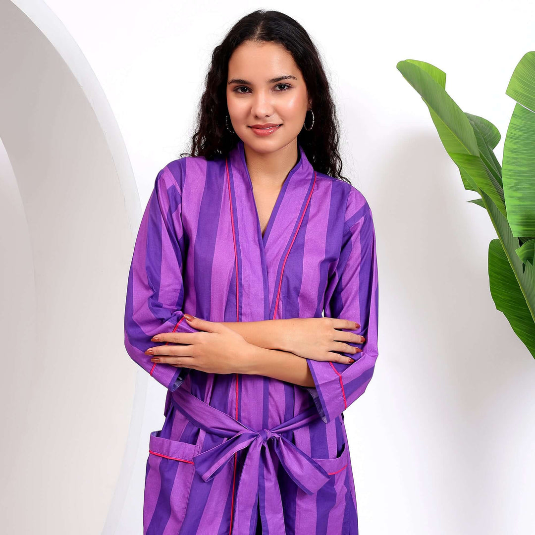 Cotton Kimono Robe & Dressing Gown – Striped Print Bathrobe – Indo Libas