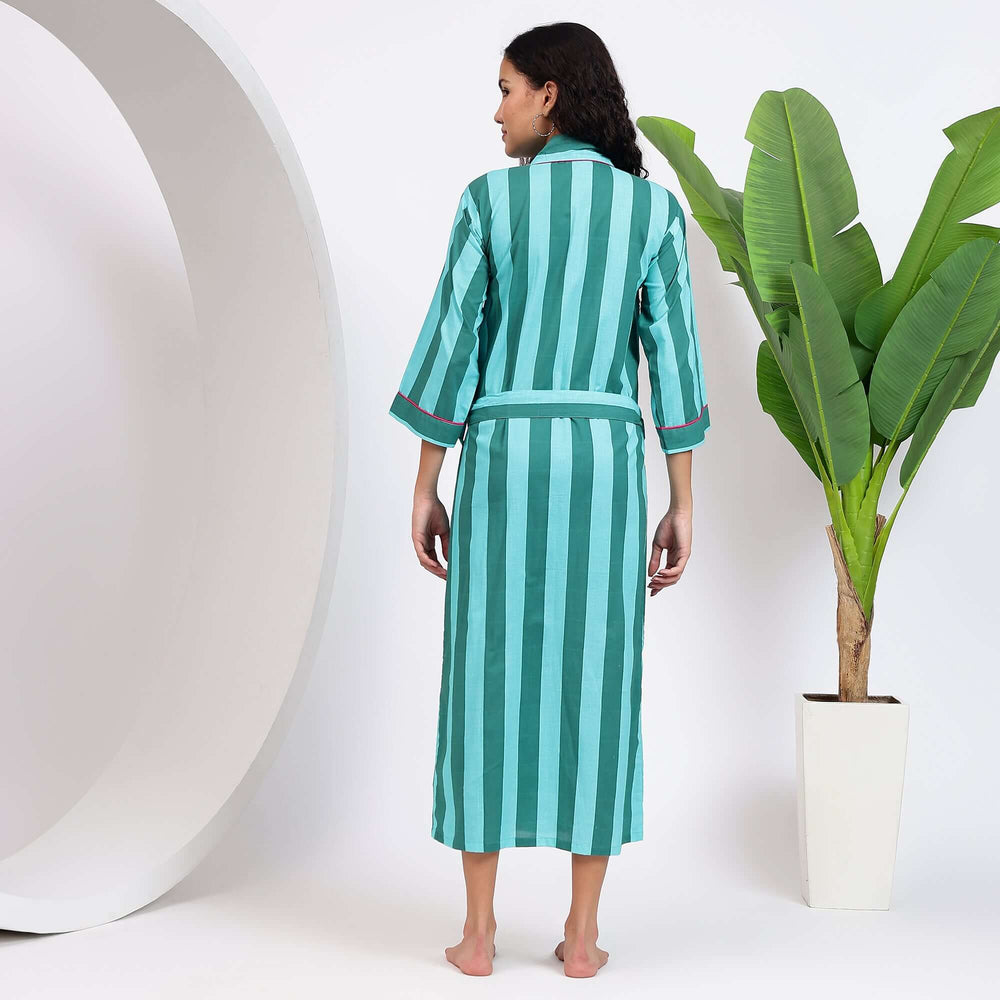 Stripe print cotton dressing gown for women – lightweight kimono robe with artisan craftsmanship