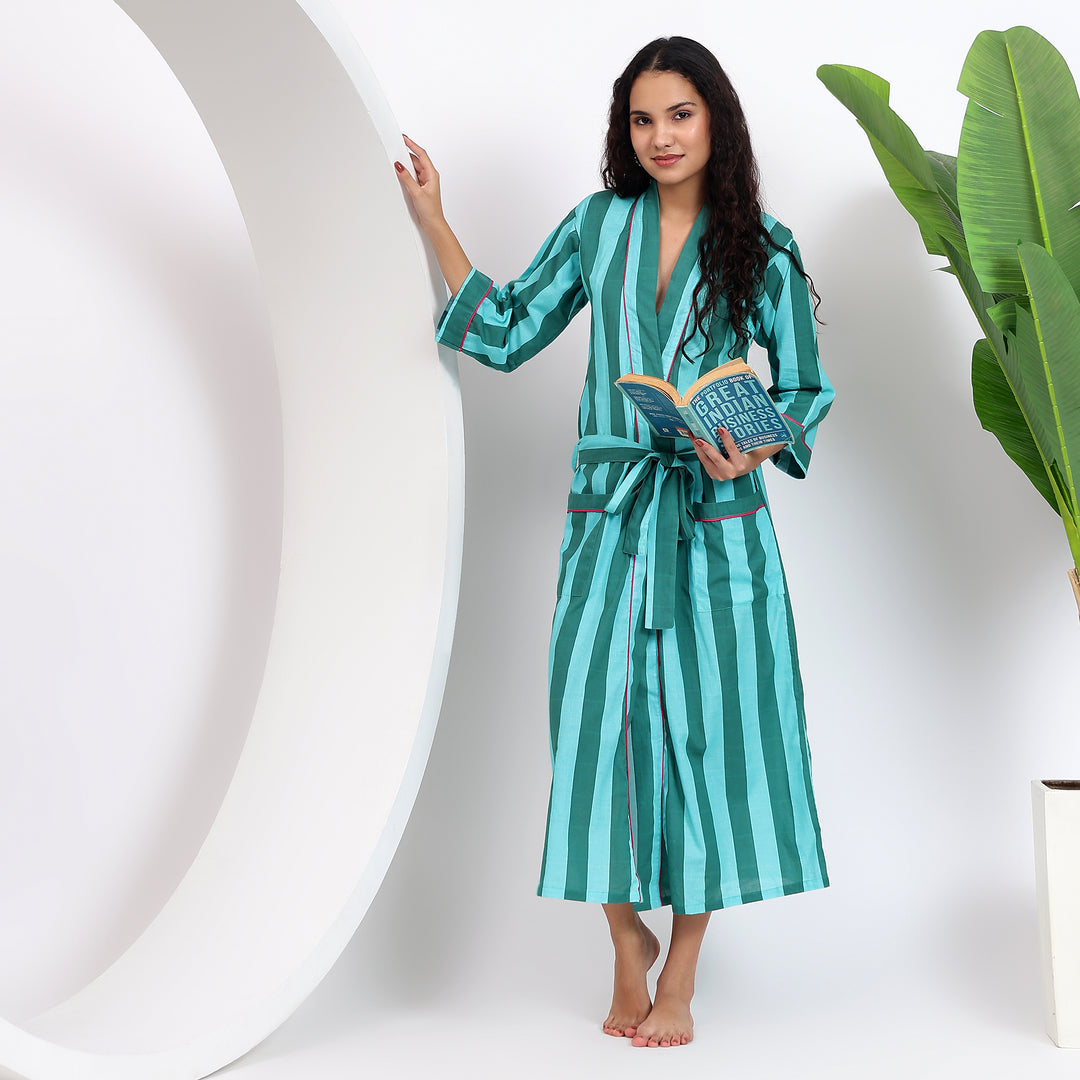 Stripe Print Dressing Gown for Women Cotton Kimono Robe XXL / Brown Stripe Print Dressing Gown for Women Cotton Kimono Robe XXL / Brown