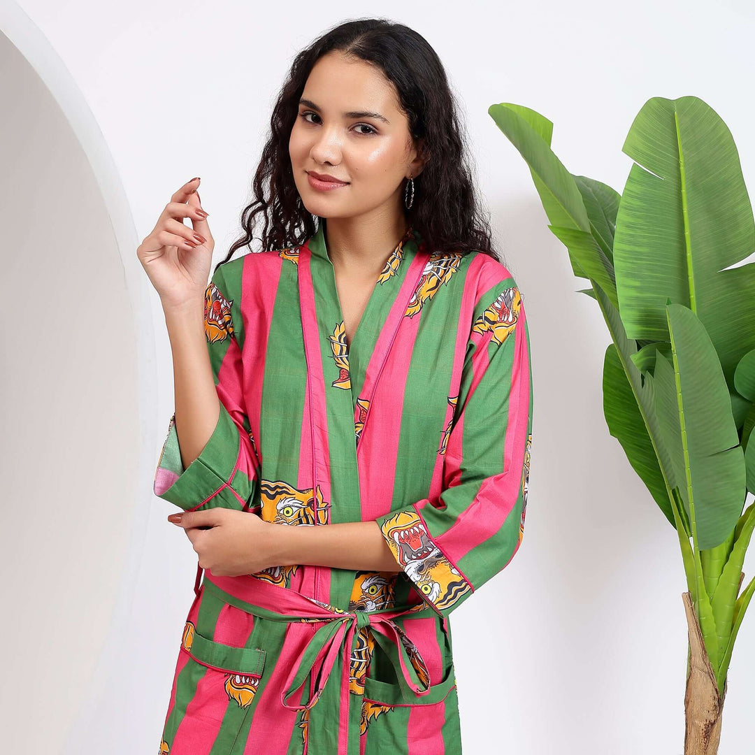 Women’s animal print dressing gown – tiger block print kimono robe made from lightweight cotton