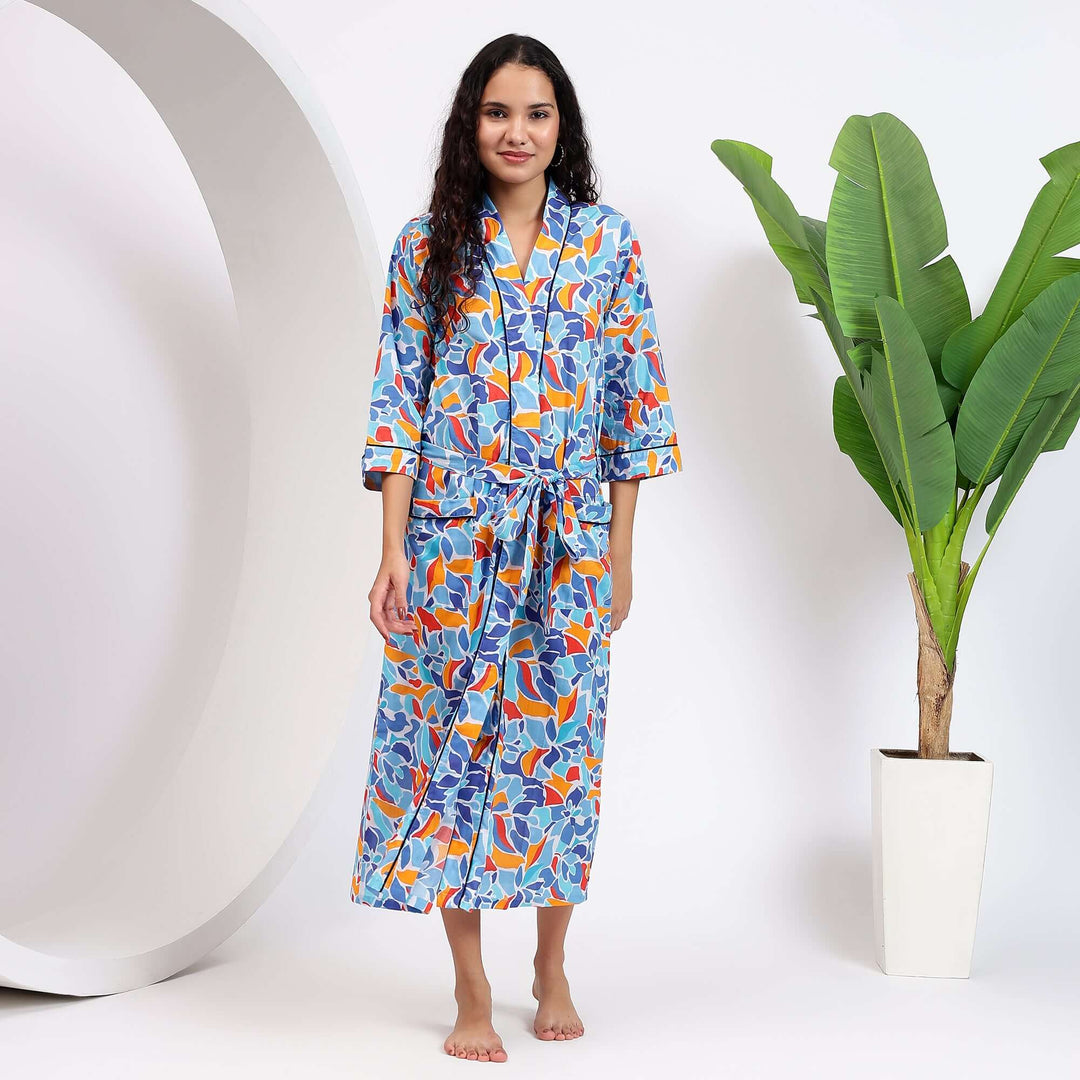 Indian Block Print Cotton Kimono Robe & Dressing Gown for Women XS / Blue